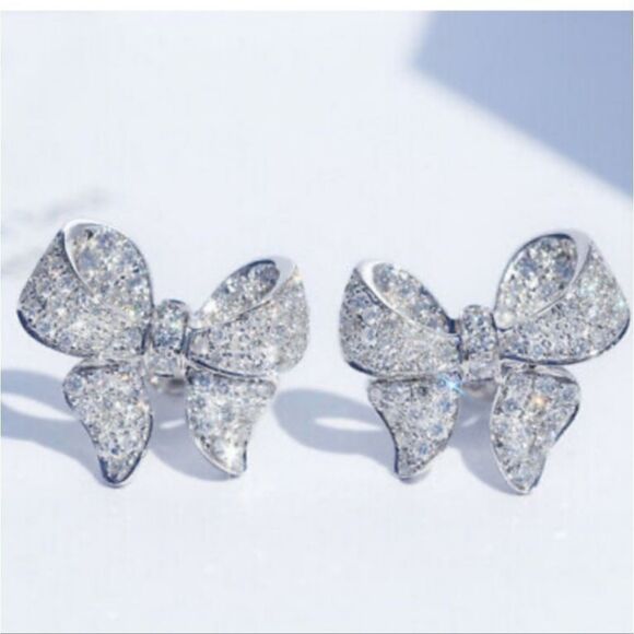 Silver Stud Bow Diamond Earrings - Picture 1 of 3